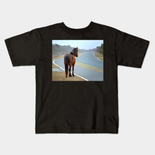 Assateague Pony Looking Down the Road Kids T-Shirt